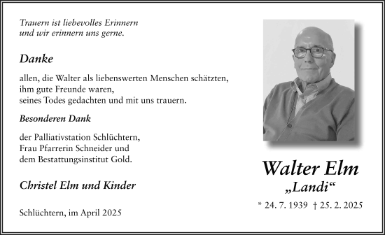 Traueranzeige von Walter Elm von FZ