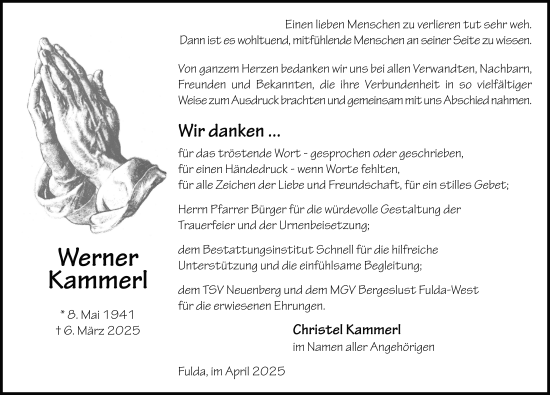 Traueranzeige von Werner Kammerl von FZ