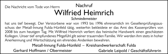 Traueranzeige von Wilfried Heimrich von FZ