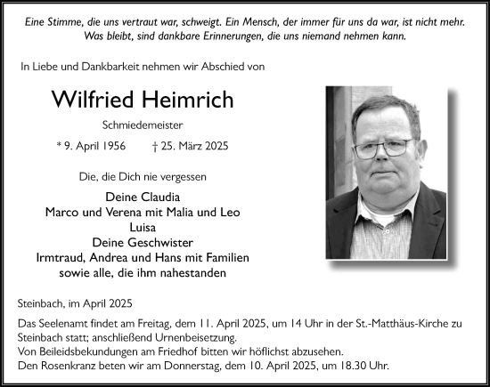 Traueranzeige von Wilfried Heimrich von FZ