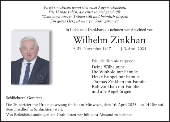 Traueranzeige von Wilhelm Zinkhan von FZ