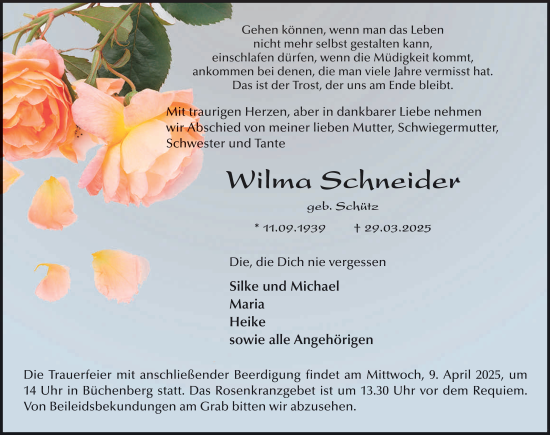 Traueranzeige von Wilma Schneider von FZ