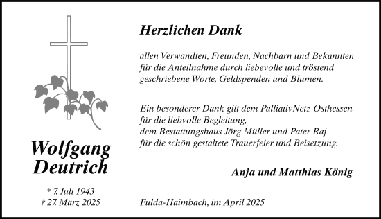 Traueranzeige von Wolfgang Deutrich von FZ