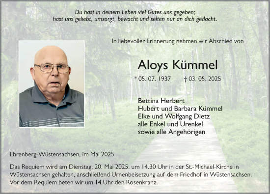 Traueranzeige von Aloys Kümmel von FZ