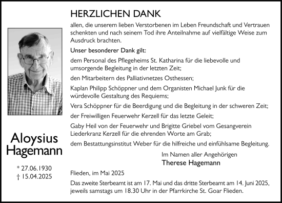 Traueranzeige von Aloysius Hagemann von FZ