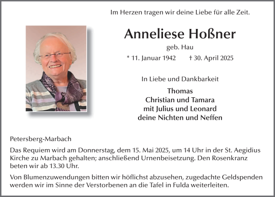 Traueranzeige von Anneliese Hoßner von FZ