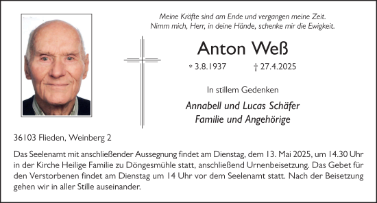 Traueranzeige von Anton Weß von FZ