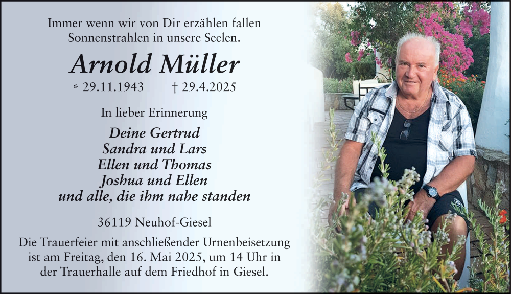  Traueranzeige für Arnold Müller vom 10.05.2025 aus FZ
