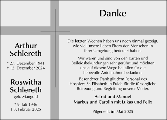 Traueranzeige von Arthur Schlereth von FZ