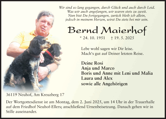 Traueranzeige von Bernd Maierhof von FZ