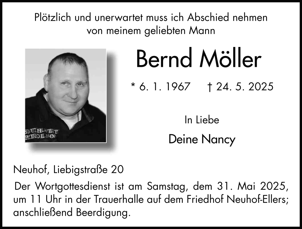  Traueranzeige für Bernd Möller vom 28.05.2025 aus FZ