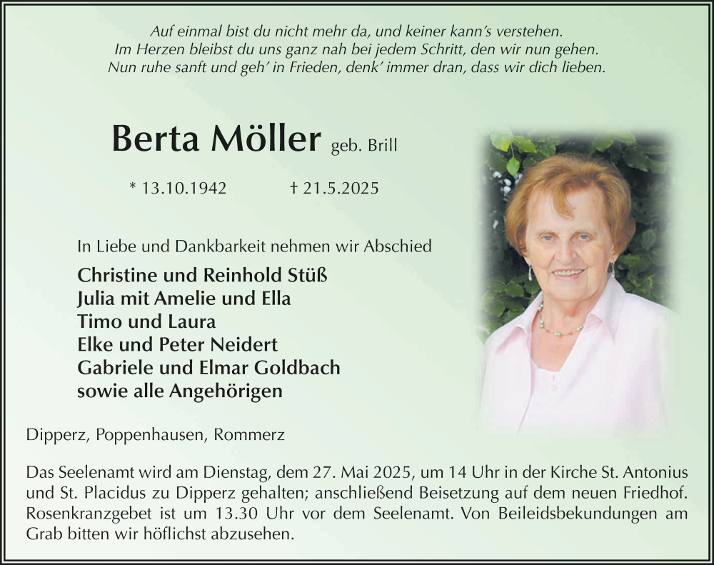  Traueranzeige für Berta Möller vom 24.05.2025 aus FZ