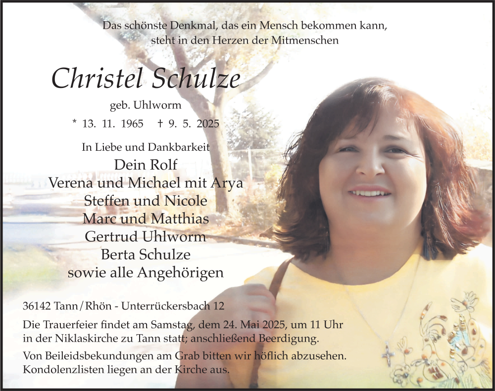  Traueranzeige für Christel Schulze vom 21.05.2025 aus FZ
