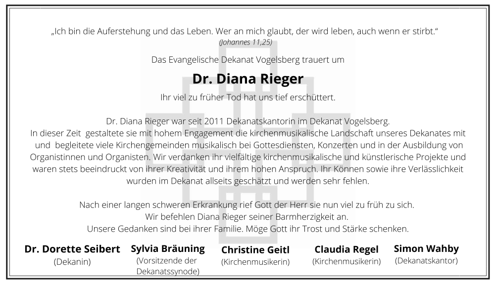  Traueranzeige für Diana Rieger vom 03.05.2025 aus FZ