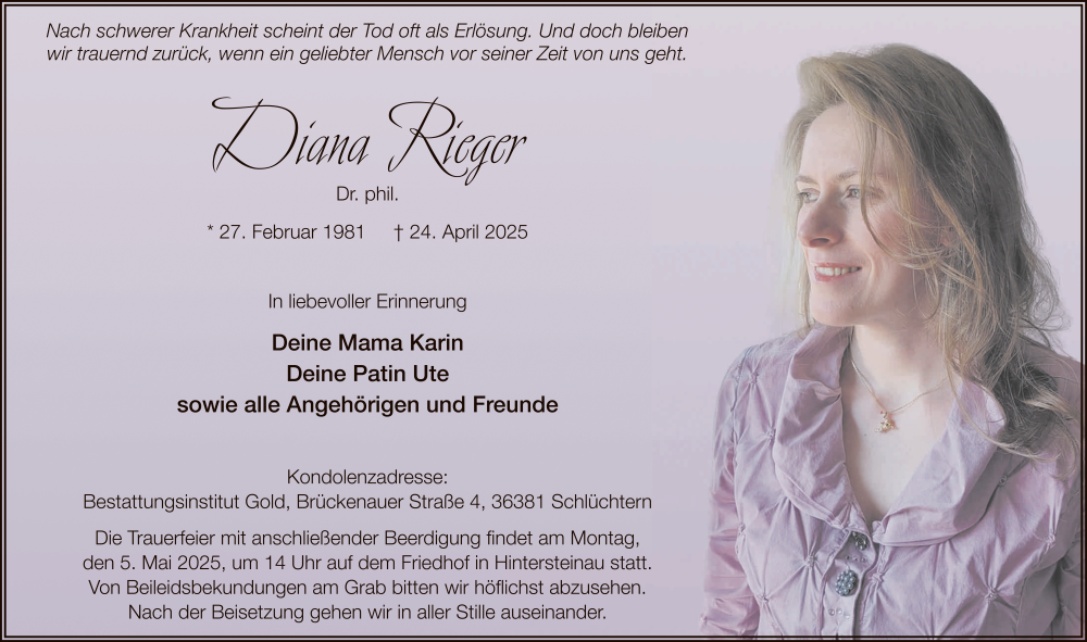  Traueranzeige für Diana Rieger vom 03.05.2025 aus FZ