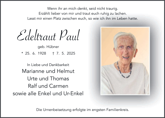 Traueranzeige von Edeltraud Paul von FZ