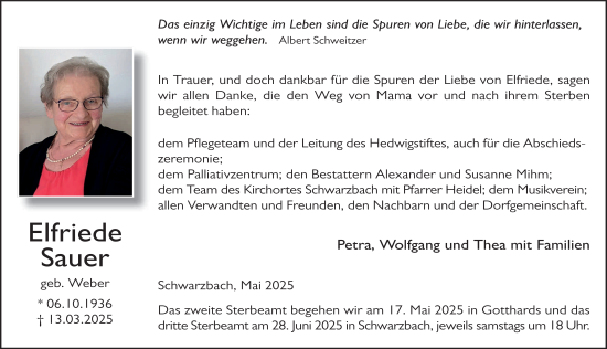 Traueranzeige von Elfriede Sauer von FZ