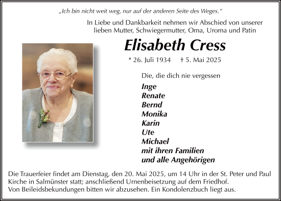 Traueranzeige von Elisabeth Cress von FZ