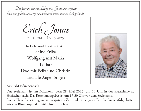 Traueranzeige von Erich Jonas von FZ