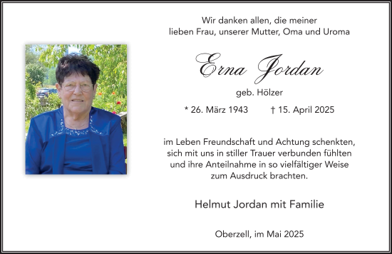 Traueranzeige von Erna Jordan von FZ