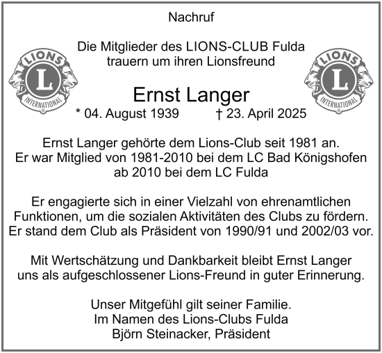 Traueranzeige von Ernst-Karl Langer von FZ