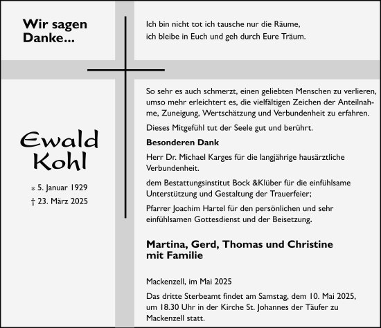 Traueranzeige von Ewald Kohl von FZ