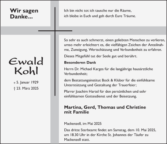 Traueranzeige von Ewald Kohl 