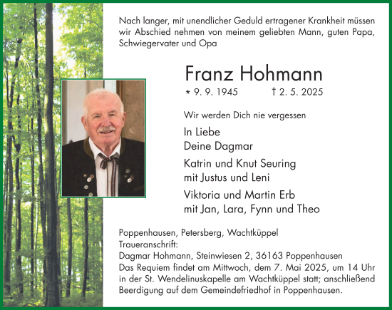 Traueranzeige von Franz Hohmann von FZ