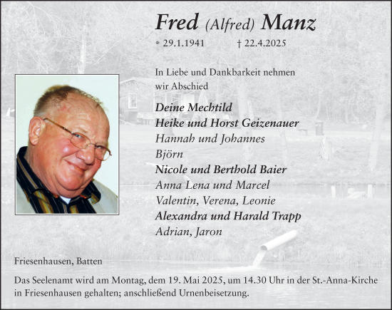 Traueranzeige von Fred Manz von FZ