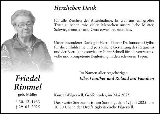 Traueranzeige von Friedel Rimmel von FZ