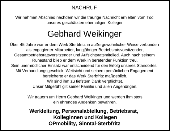 Traueranzeige von Gebhard Weikinger von FZ