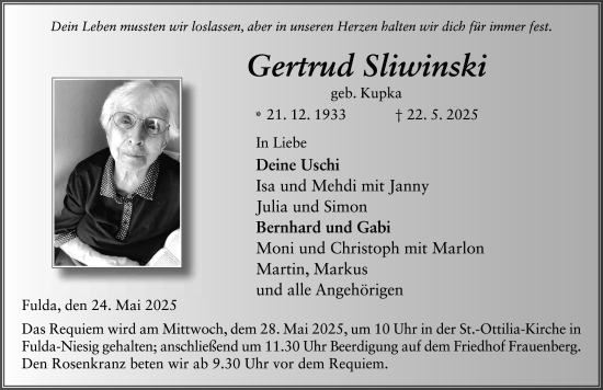 Traueranzeige von Gertrud Sliwinski von FZ