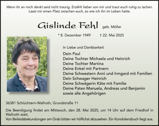Traueranzeige von Gislinde Fehl von FZ
