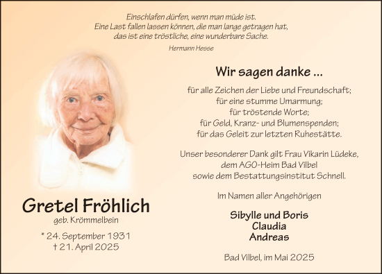Traueranzeige von Gretel Fröhlich von FZ