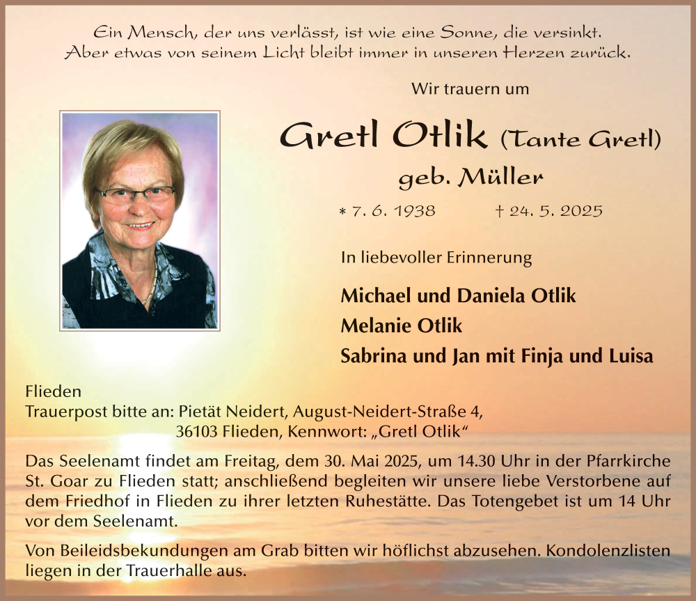  Traueranzeige für Gretl Otlik vom 28.05.2025 aus FZ