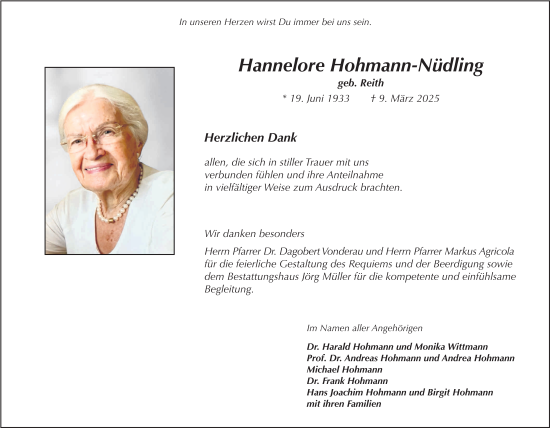 Traueranzeige von Hannelore Hohmann-Nüdling von FZ
