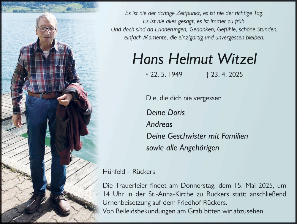  Traueranzeige für Hans Helmut Witzel vom 09.05.2025 aus FZ
