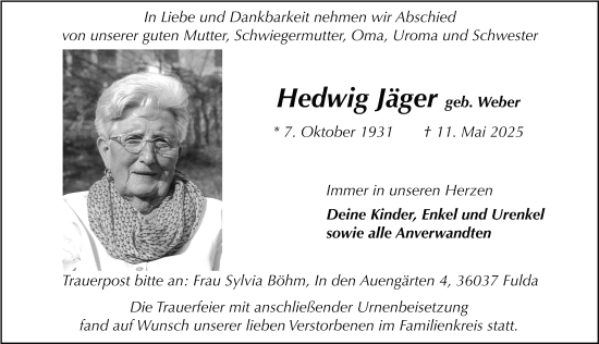 Traueranzeige von Hedwig Jäger von FZ