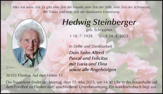 Traueranzeige von Hedwig Steinberger von FZ
