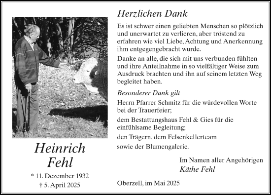 Traueranzeige von Heinrich Fehl von FZ
