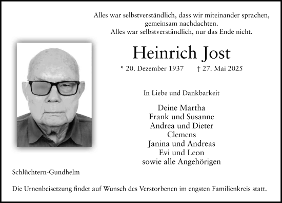 Traueranzeige von Heinrich Jost von FZ