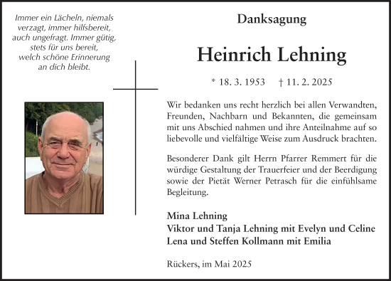 Traueranzeige von Heinrich Lehning von FZ