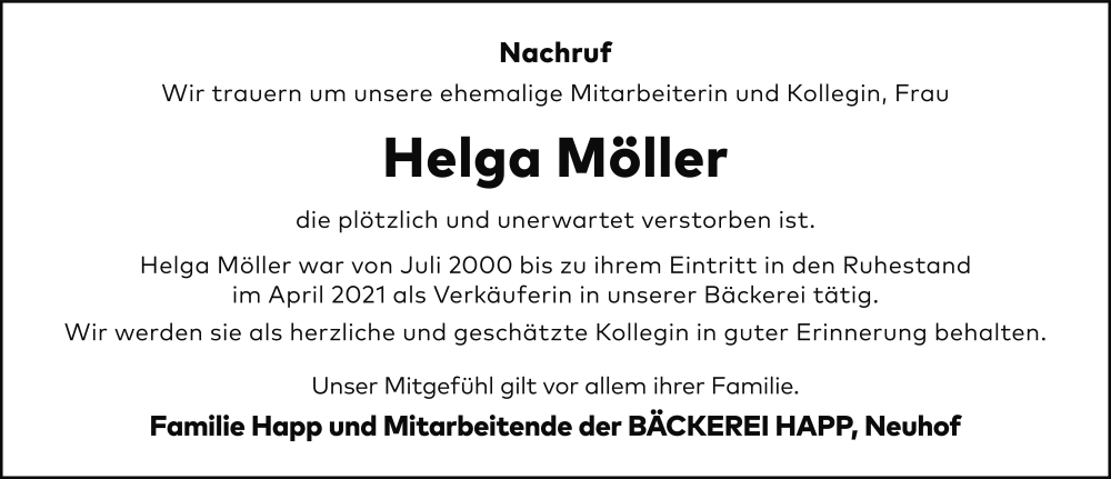  Traueranzeige für Helga Möller vom 27.05.2025 aus FZ