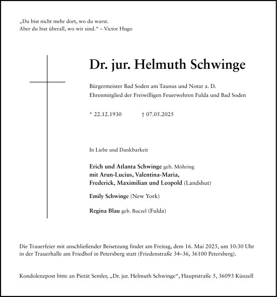Traueranzeige von Helmuth Schwinge von FZ