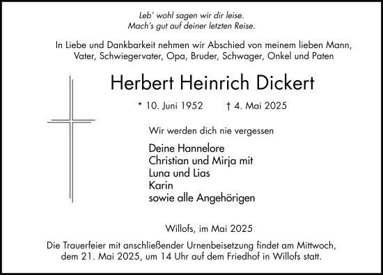 Traueranzeige von Herbert Heinrich Dickert von FZ