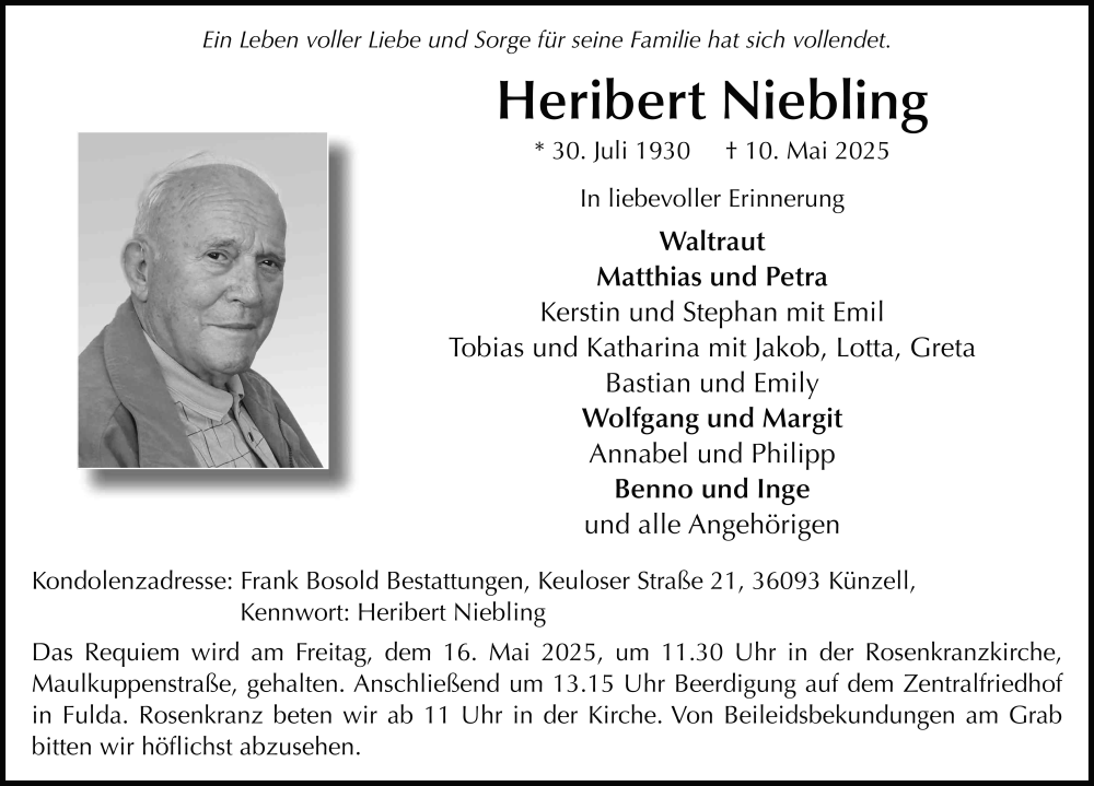  Traueranzeige für Heribert Niebling vom 14.05.2025 aus FZ