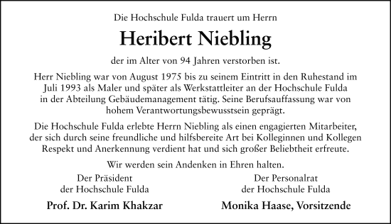 Traueranzeige von Heribert Niebling von FZ