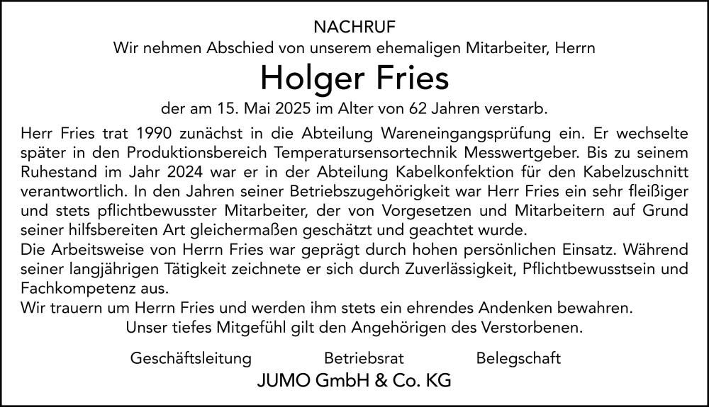  Traueranzeige für Holger Fries vom 22.05.2025 aus FZ