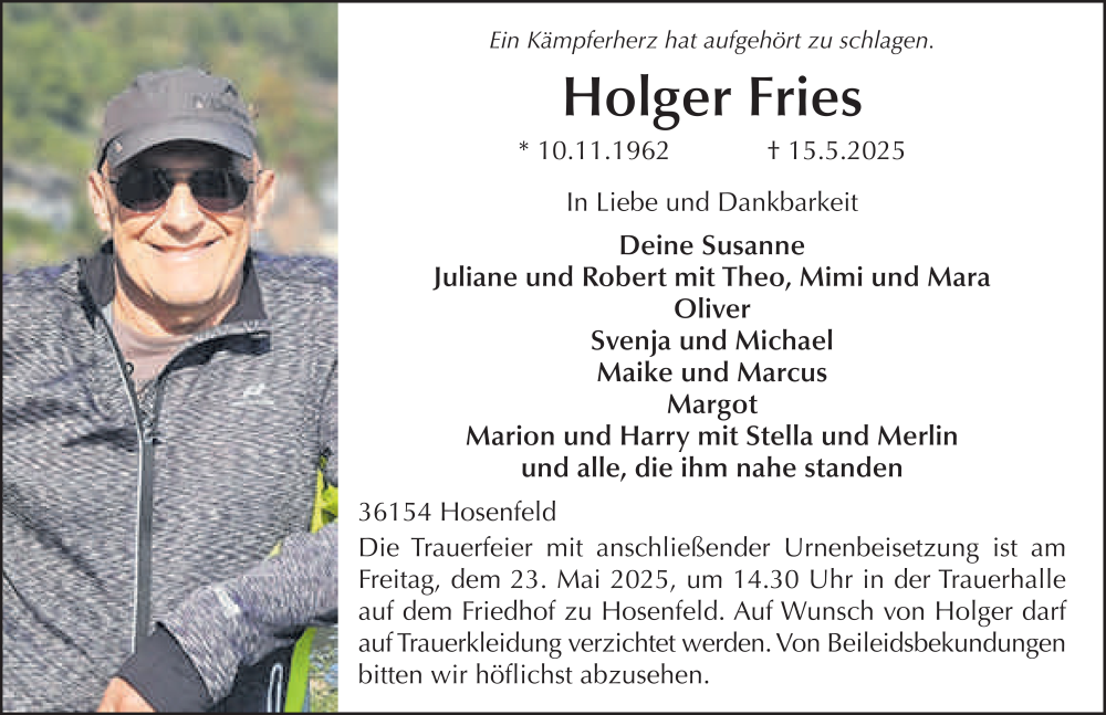  Traueranzeige für Holger Fries vom 21.05.2025 aus FZ