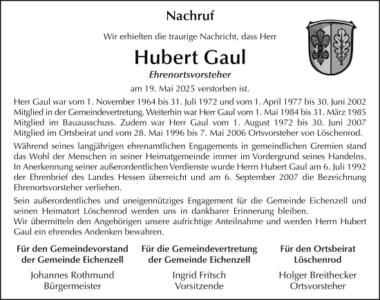 Traueranzeige von Hubert Gaul von FZ